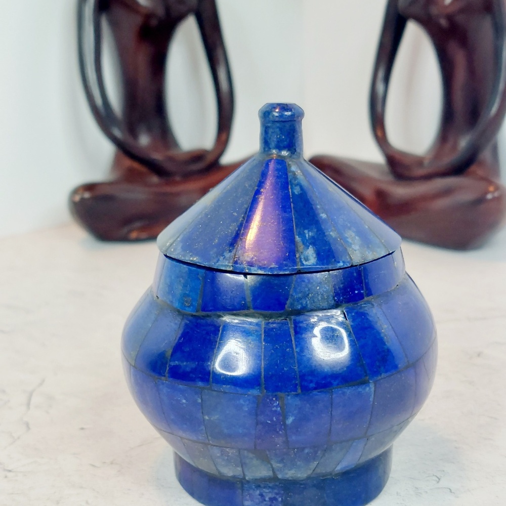 High Grade Natural Lapis Lazuli Inlaid Brass Round Handmade Jewelry Box